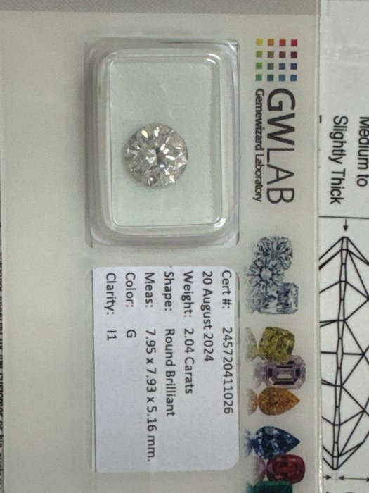 1 pcs Diamant  (Natur)  - 2.04 ct - Rund - G - I1 - Gemewizard Gemological Laboratory (GWLab) - 2,04ct G i1