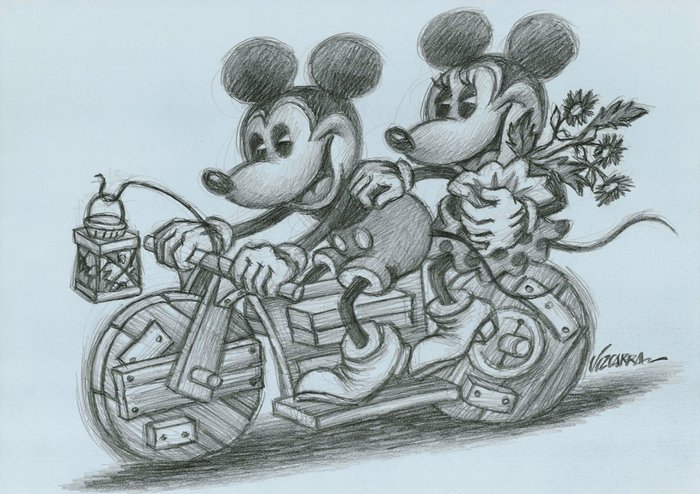 Joan Vizcarra - Mickey  Minnie on Vintage Wooden Bike - Original Pencil Drawing