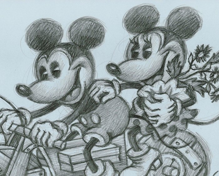 Joan Vizcarra - Mickey  Minnie on Vintage Wooden Bike - Original Pencil Drawing