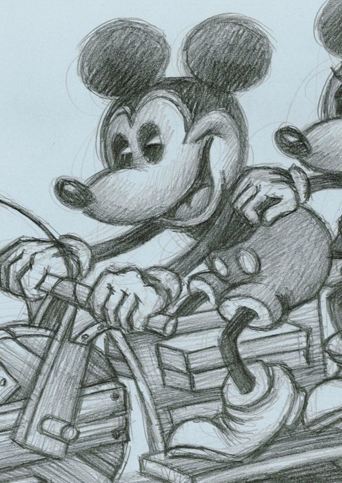 Joan Vizcarra - Mickey  Minnie on Vintage Wooden Bike - Original Pencil Drawing