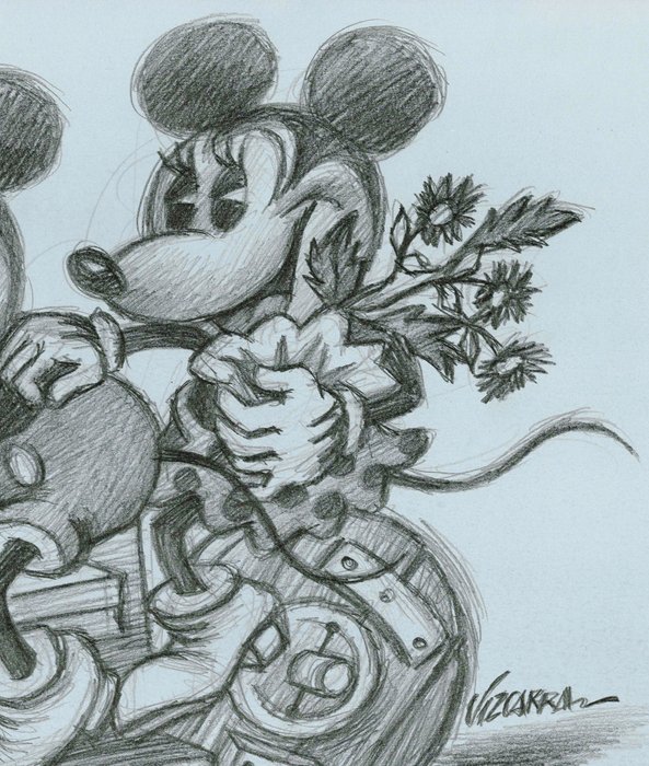 Joan Vizcarra - Mickey  Minnie on Vintage Wooden Bike - Original Pencil Drawing