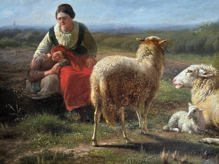 French school XIX century - Follower of Jean-François Millet (1814-1875) - A pastoral landscape depiction of a mother with child resting in a meadow with sheep grazing in