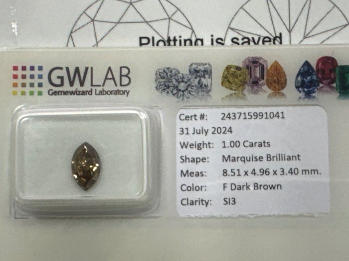 Ingen mindstepris - 1 pcs Diamant  (Naturfarvet)  - 100 ct - Marquise - Fancy dark Brun - SI3 - Gemewizard Gemological Laboratory (GWLab)