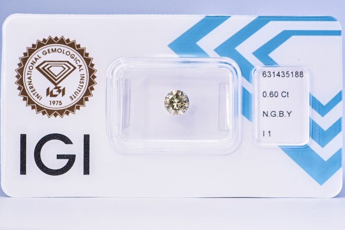 Ingen mindstepris - 1 pcs Diamant  (Naturfarvet)  - 0.60 ct - Rund - Fancy Brunlig, Grønlig Gul - I1 - International Gemological Institute (IGI)