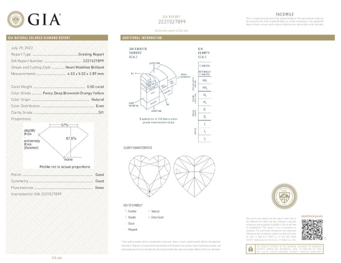 1 pcs Diamant  (Naturfarvet)  - 0.50 ct - Fancy deep Brunlig Gul - SI1 - Gemological Institute of America (GIA)