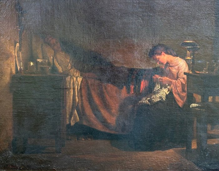 Francesco Autoriello 1824-1894 - A Lady Mending Lace at The Bedside Of Her Mother