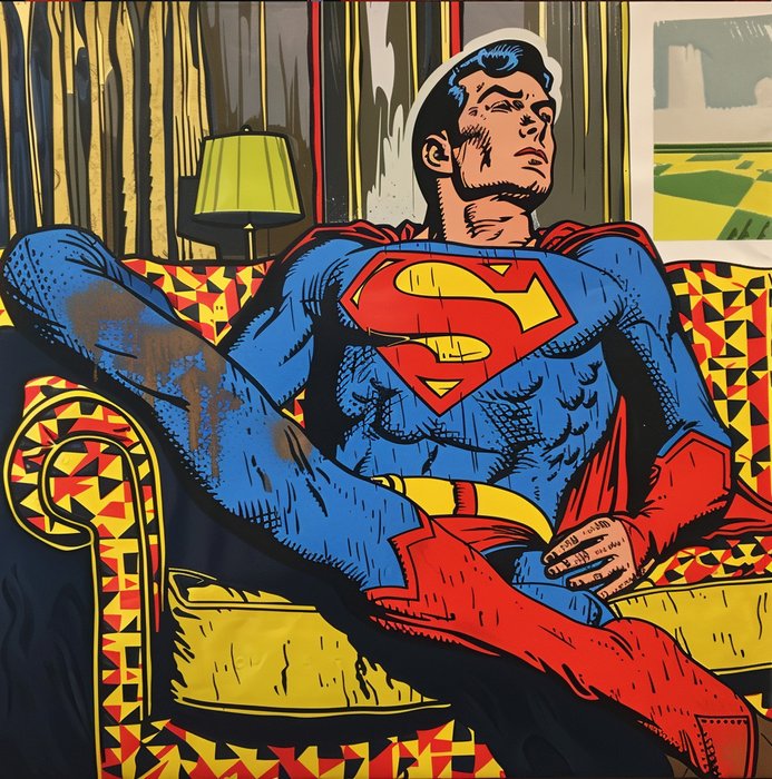 I_KONIQ (1969) - SUPER HEROES RELAX AFTER HARD DAY'S WORK  (SET OF 4 CANVAS) in LICHTENSTEIN  STYLE - ex 1/10