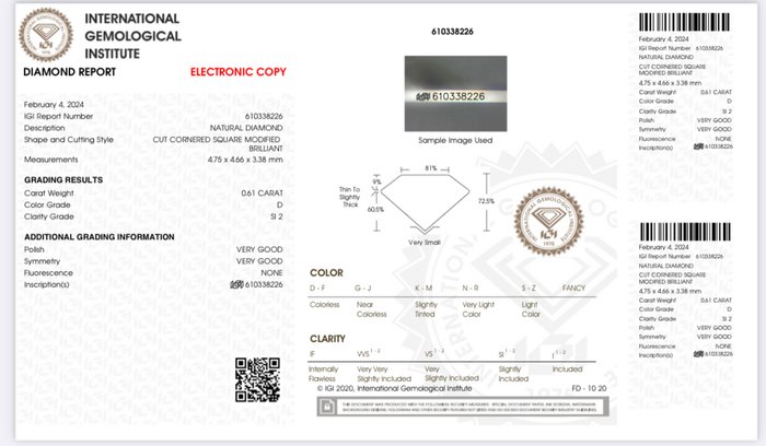 1 pcs Diamant  (Natur)  - 0.61 ct - Radiant - D (farveløs) - SI2 - International Gemological Institute (IGI)