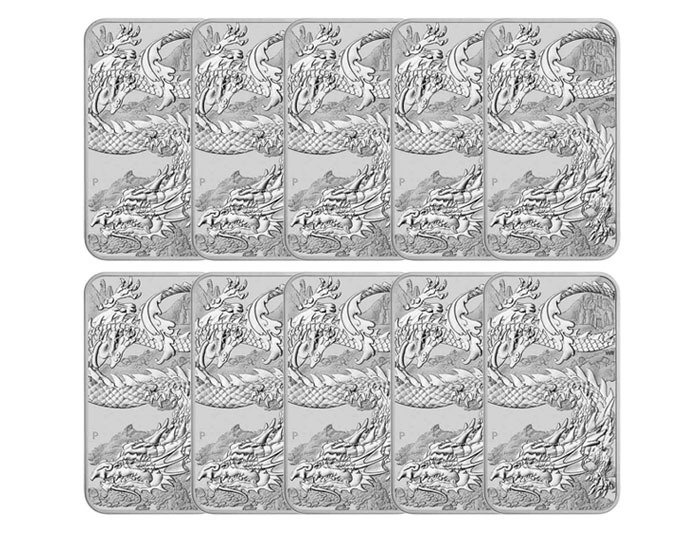 Australien. 10 x 1 oz 2023 $1 AUD 9999 Fine Silver Rectangle Dragon Coin-Bar BU