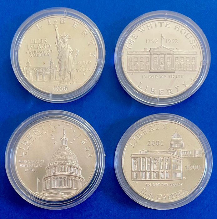 Förenta staterna. A Lot of 4x USA Commemorative .900 Silver Dollars 1986-2001  (Ingen mindstepris)