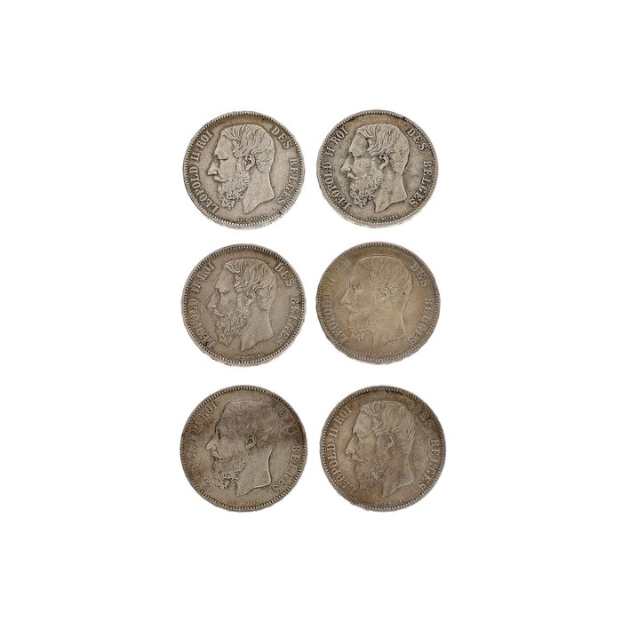 Belgien. Leopold 2.. 5 Francs 1867/1875 (6 stuks)  (Ingen mindstepris)