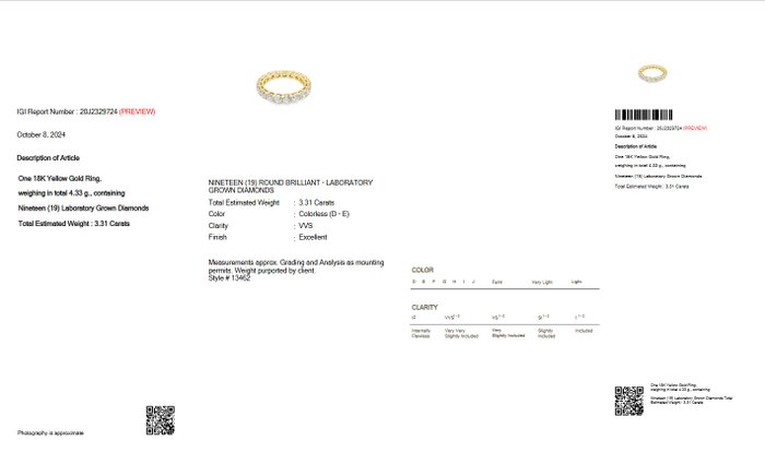 Ingen mindstepris - Alliancering - 18 kraat Gulguld -  3.31ct. tw. Diamant (Laboratoriedyrket) - D-E VVS IGI