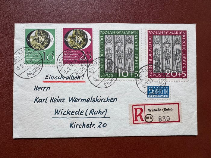 Tyskland, Forbundsrepublikken 1951 - St. Mary's Church og Wuppertal-serien på et dekorativt lokalt anbefalet brev - Michel 139/42