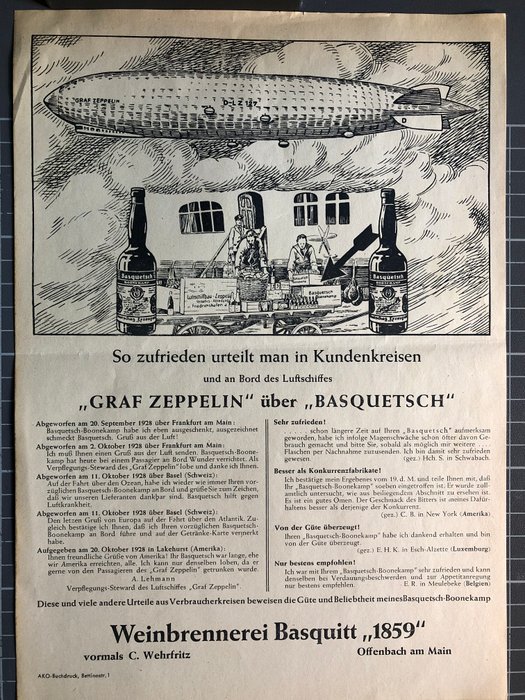 Tyske imperium - Zeppelin  - Folder fra "Weinbrennerei Basquitt 1859" fra Offenbach til brandy - Bord des Luftschiffes Graf Zeppelin serviert wird