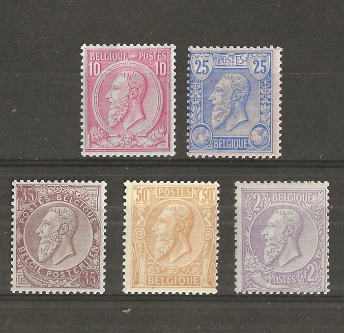 Belgien 1884/1891 - Leopold II (nye typer) de 5 mindre værdier: 10c 25c 35c 50c og 2F - OBP/COB 46 48 49 50 52