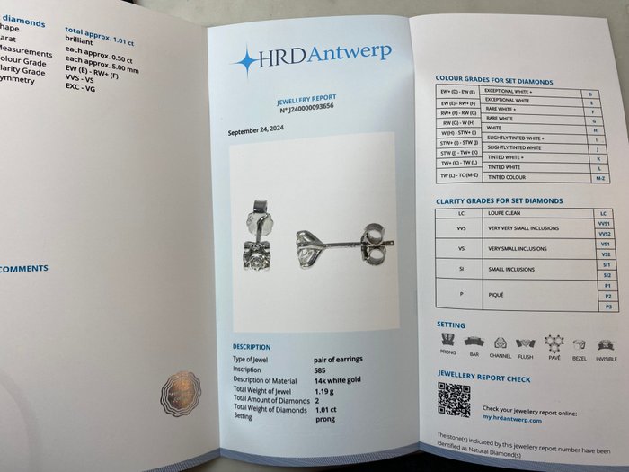 Øreringe - 14 karat Hvidguld -  1.01ct. tw. Diamant (Natur)