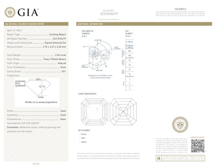 1 pcs Diamant  (Naturfarvet)  - 0.36 ct - Fancy Rosa Brun - VS1 - Gemological Institute of America (GIA)