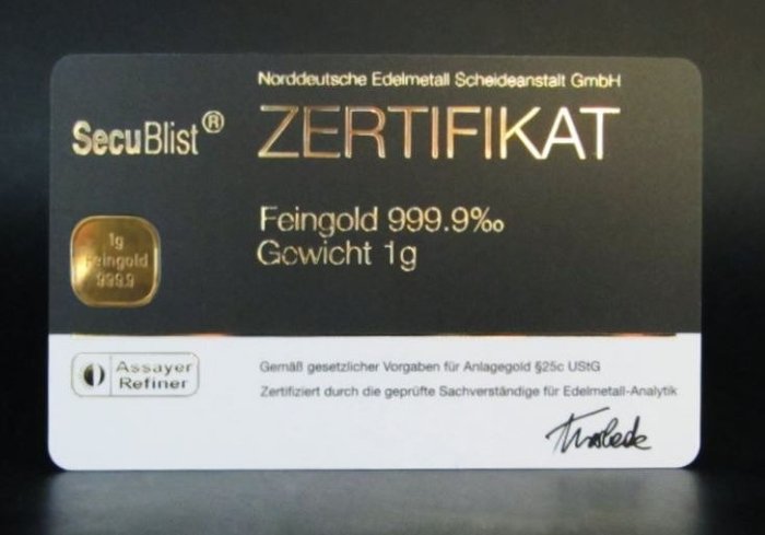 1 gram - Guld - NES - Forseglet  Med certifikat  (Ingen mindstepris)