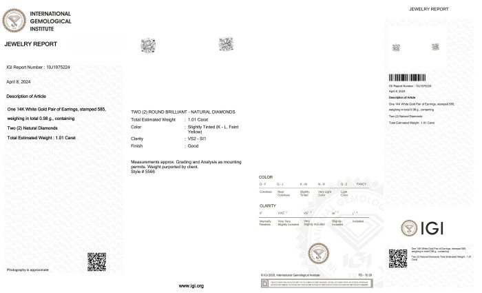 Øreringe - 14 karat Hvidguld -  1.01ct. tw. Diamant (Natur)