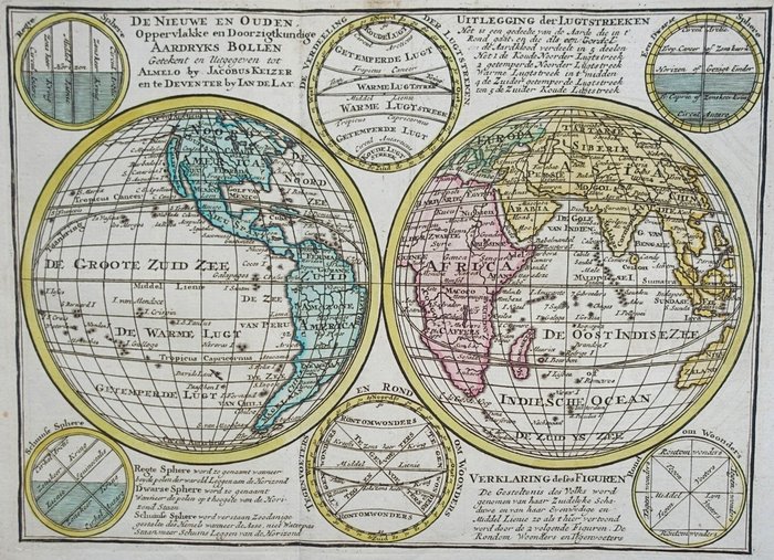 Wereld - I to halvkugler; J Keizer / J de Lat - De Nieuwe En Ouden, Oppervlakke en Doorzigtkundige Aardryks Bollen - 1747