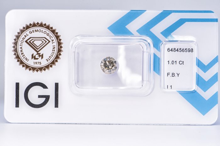 Ingen mindstepris - 1 pcs Diamant  (Naturfarvet)  - 1.01 ct - Rund - Fancy Brunlig Gul - I1 - International Gemological Institute (IGI)