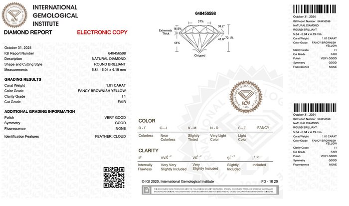 Ingen mindstepris - 1 pcs Diamant  (Naturfarvet)  - 1.01 ct - Rund - Fancy Brunlig Gul - I1 - International Gemological Institute (IGI)