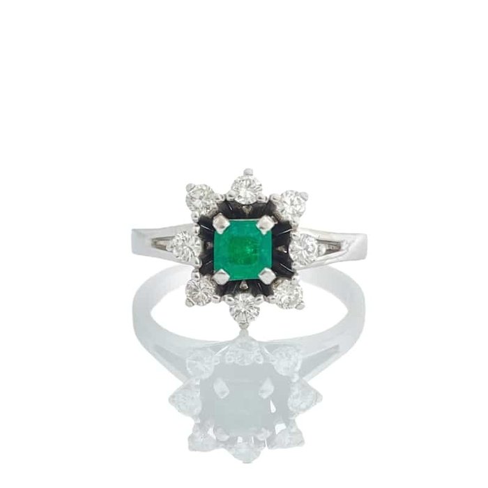 Ring - 14 karat Hvidguld -  0.56ct. tw. Smaragd - Diamant - Vintage Emerald Ring