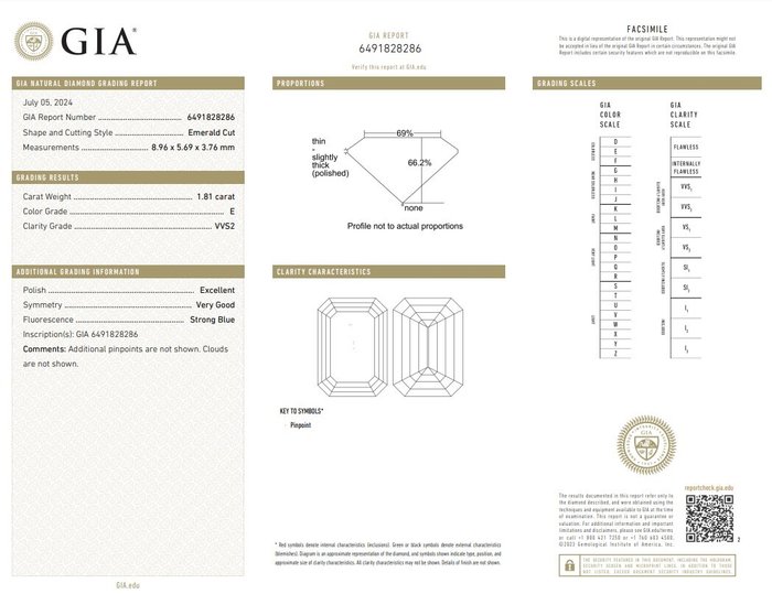 1 pcs Diamant  (Natur)  - 1.81 ct - Smaragd - E - VVS2 - Gemological Institute of America (GIA)