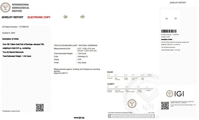 Øreringe - 18 kraat Gulguld -  1.04ct. tw. Diamant (Natur) - Ideelt slebne diamanter