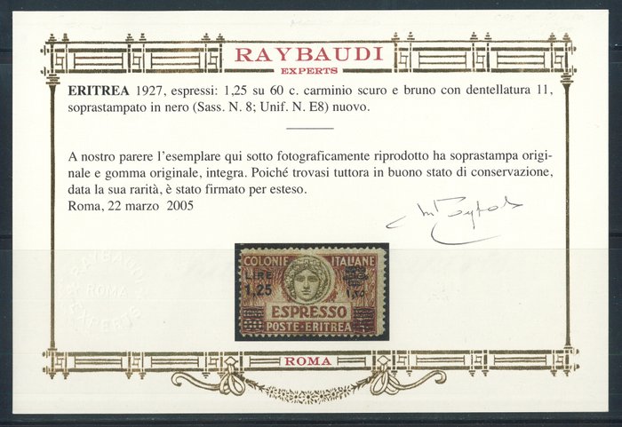 Eritrea  - Espresso supra. 1,25 lire på 60 c. bule. 11. (A. Diena i sin helhed, Raybaudi "oro" cert.) - Sassone n. 8