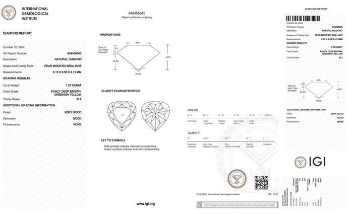 1 pcs Diamant  (Naturfarvet)  - 1.23 ct - Pære - Fancy deep Brun Gul - SI2 - International Gemological Institute (IGI)