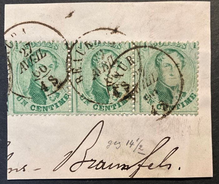 Belgien 1863 - Medaljon OBP 13B - 1c Lysegrøn (x3) - på fragment - Dobbelt cirkel stempel BEAURAING 27/04/1866 - OBP 13B