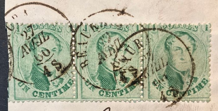 Belgien 1863 - Medaljon OBP 13B - 1c Lysegrøn (x3) - på fragment - Dobbelt cirkel stempel BEAURAING 27/04/1866 - OBP 13B