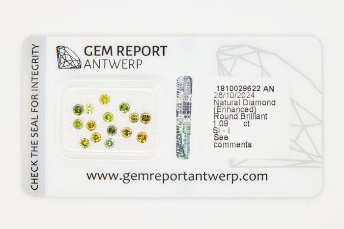 Ingen mindstepris - 15 pcs Diamant  (Farvebehandlet)  - 1.09 ct - Rund - I1, I2, I3, SI1, SI2 - Gem Report Antwerp (GRA) - INGEN RESERVEPRIS