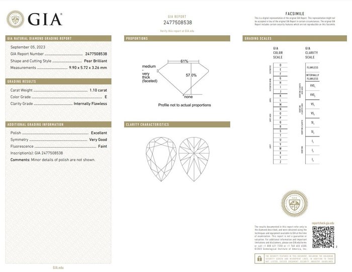 1 pcs Diamant  (Natur)  - 1.10 ct - Pære - E - IF - Gemological Institute of America (GIA)