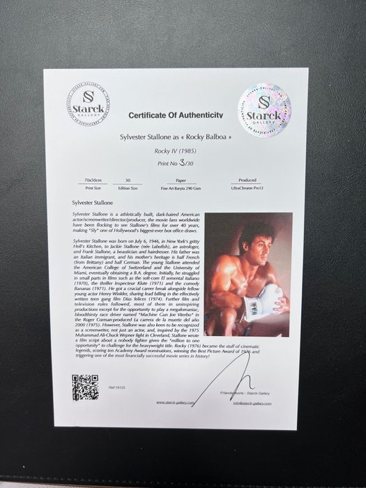 Rocky IV (1985) - Sylvester Stallone as "Rocky Balboa" - Fine Art Photography - Luxury Wooden Framed 70X50 cm - Limited Edition Nr 01 of 30 - Serial ID 19125 - Original Certificate (COA), Hologram Logo Editor and QR Code - 100% New items.