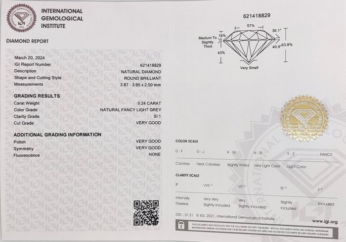 Ingen mindstepris - 1 pcs Diamant  (Naturfarvet)  - 0.24 ct - Rund - Fancy light Grå - SI1 - International Gemological Institute (IGI)