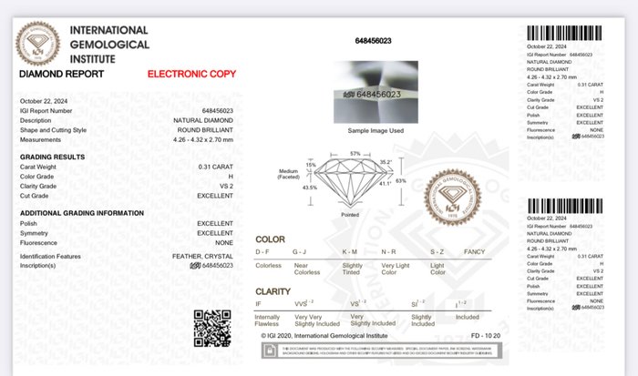 1 pcs Diamant  (Natur)  - 0.31 ct - Rund - H - VS2 - International Gemological Institute (IGI)