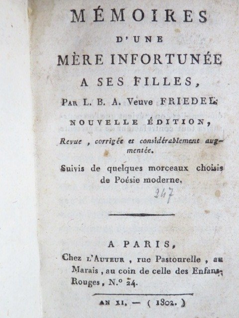 Louise-Augustine Friedel - Mémoires d'une mère infortunée à ses filles - 1802