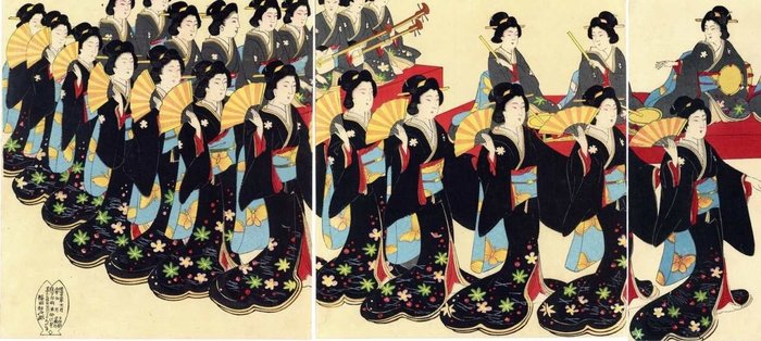 'Kabukiza bukyoku-kai' 歌舞伎座舞曲会 (Musical Performance Gathering at the Kabuki Theater) - 1899 - Chikanobu school artist - Japan -  Meiji-perioden (1868-1912)