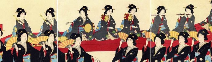 'Kabukiza bukyoku-kai' 歌舞伎座舞曲会 (Musical Performance Gathering at the Kabuki Theater) - 1899 - Chikanobu school artist - Japan -  Meiji-perioden (1868-1912)