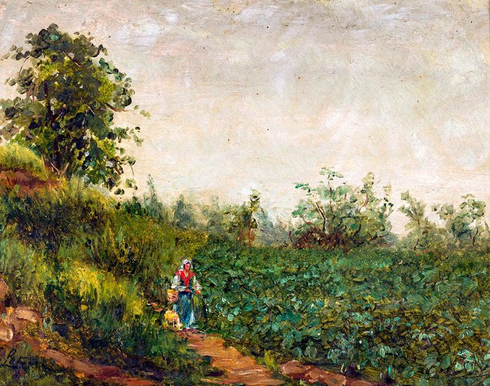 Antonino Leto (1844 – 1913) - Paesaggio di campagna con contadina