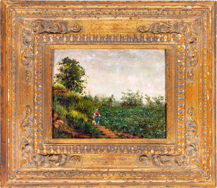 Antonino Leto (1844 – 1913) - Paesaggio di campagna con contadina