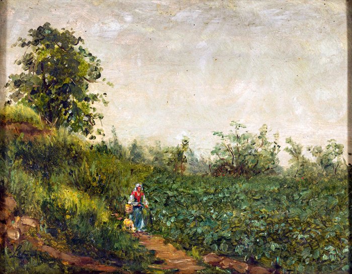 Antonino Leto (1844 – 1913) - Paesaggio di campagna con contadina