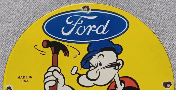 Tegn - Popeye - Ford - Autoriseret Service - Emaljeskilt 30 cm