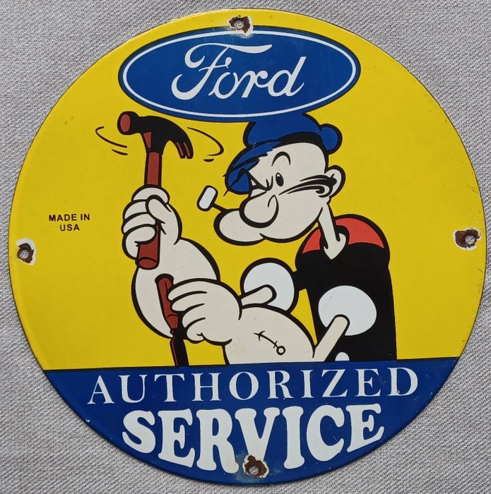 Tegn - Popeye - Ford - Autoriseret Service - Emaljeskilt 30 cm