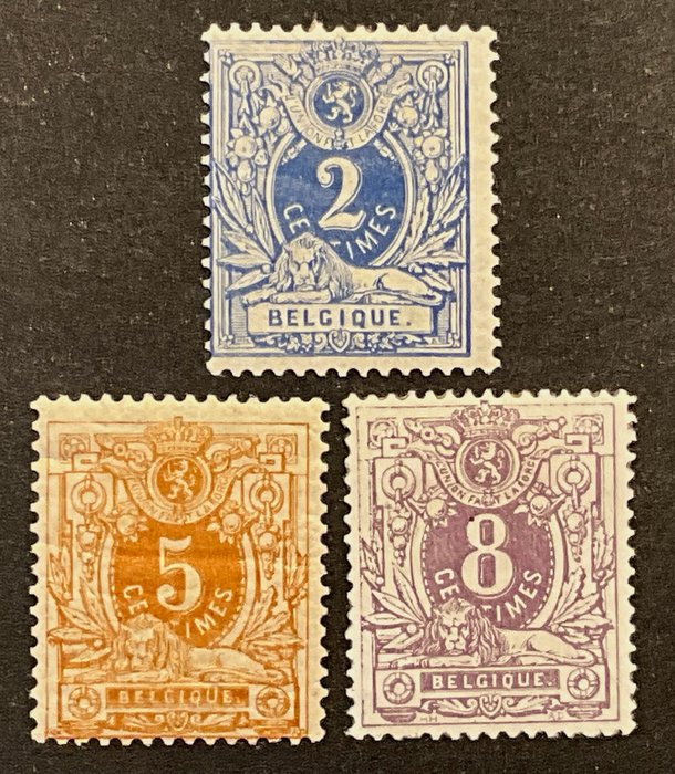 Belgien 1869/1883 - Emission 1869: Reclining Lion 1c, 5c, 8c - Smukke farver - OBP 27/29