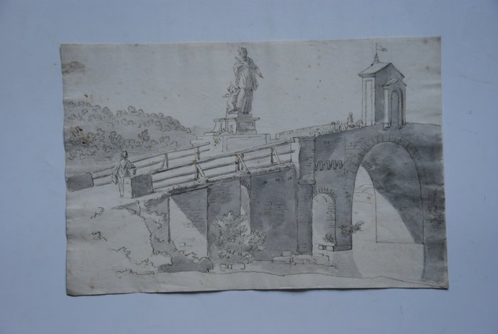 European School (XVII) - Italian landscape with bridge