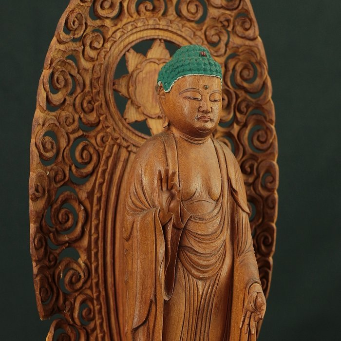 Amida Nyorai 阿弥陀如来 (Amitābha) Wood Carving Statue Sculpture - Statue Træ - Japan  (Ingen mindstepris)