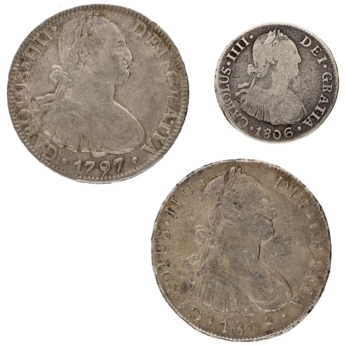 spanske kolonier. Carlos IV. 2 Real, 8 Real 1797/1808 (3 stuks)  (Ingen mindstepris)